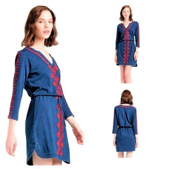 Lucky Brand Dress Blue Indigo Red Embroidered M - Picture 2 of 6